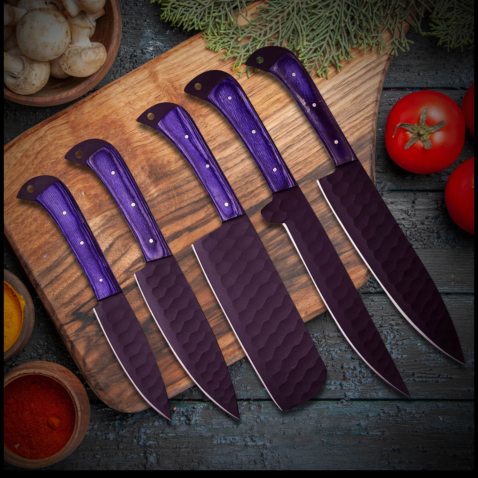 5 Piece Handmade J2 Steel Kitchen Chef Knives Set with Leather Roll