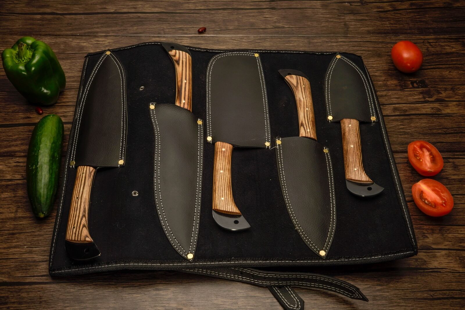 5 Piece Handmade 12 Chrome Knives Chef Set, Kitchen knives set, Steel knife set with leather Sheath - Image 11