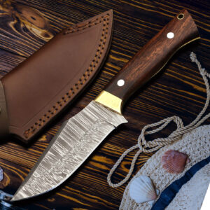 Custom Handmade Damascus Steel Camping Outdoor Utility Knife Full Tang Rosewood Handle w/ Leather Sheath