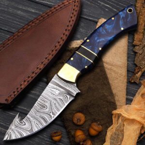 Custom Handmade Damascus Steel Gut Hook Camping Outdoor Utility Knife