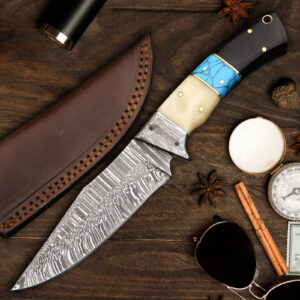 Custom Handmade Damascus Steel Full Tang Fixed Blade Camping Outdoor Utility Knife Leather Cover