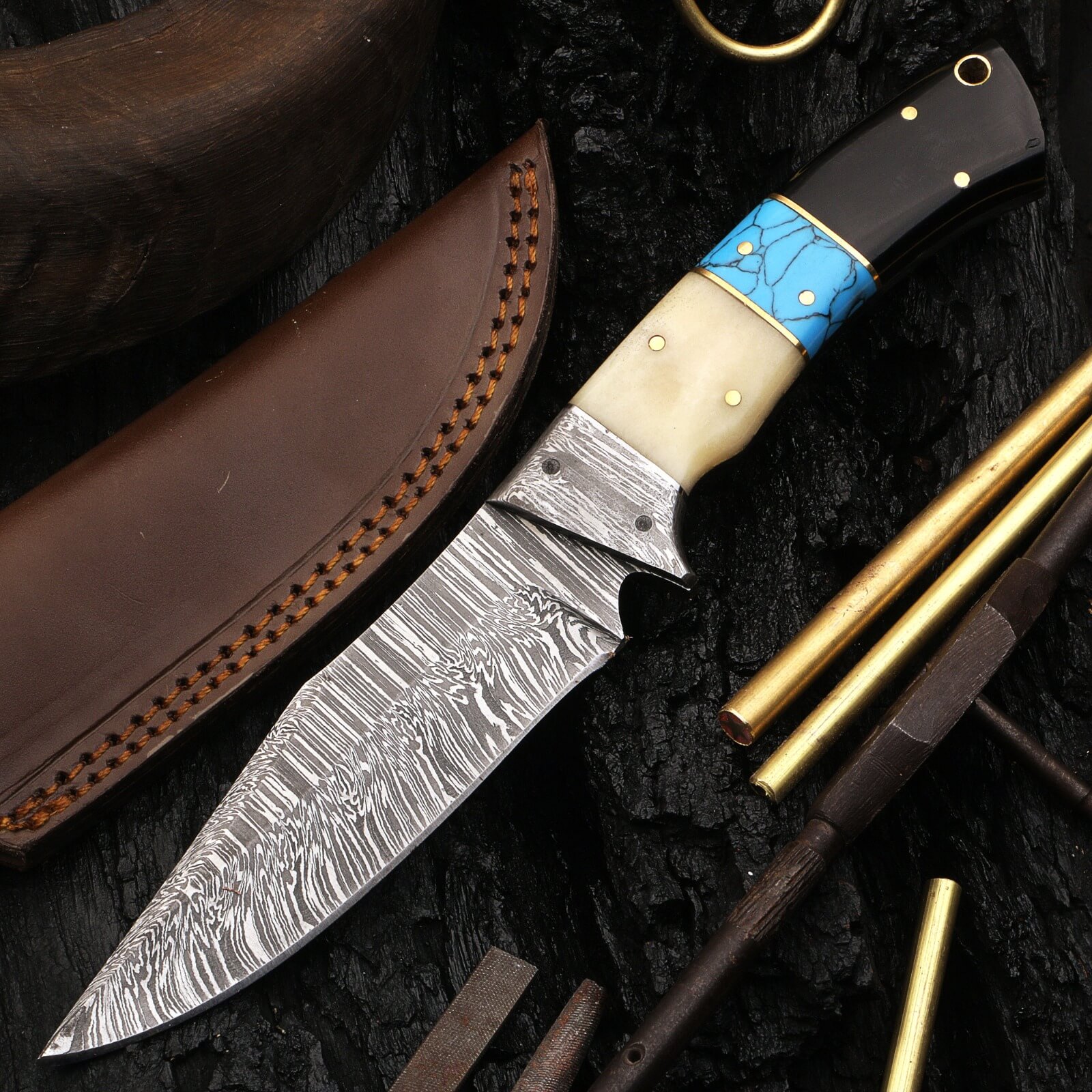 Custom Handmade Damascus Steel Full Tang Fixed Blade Camping Outdoor Utility Knife Leather Cover - Image 4
