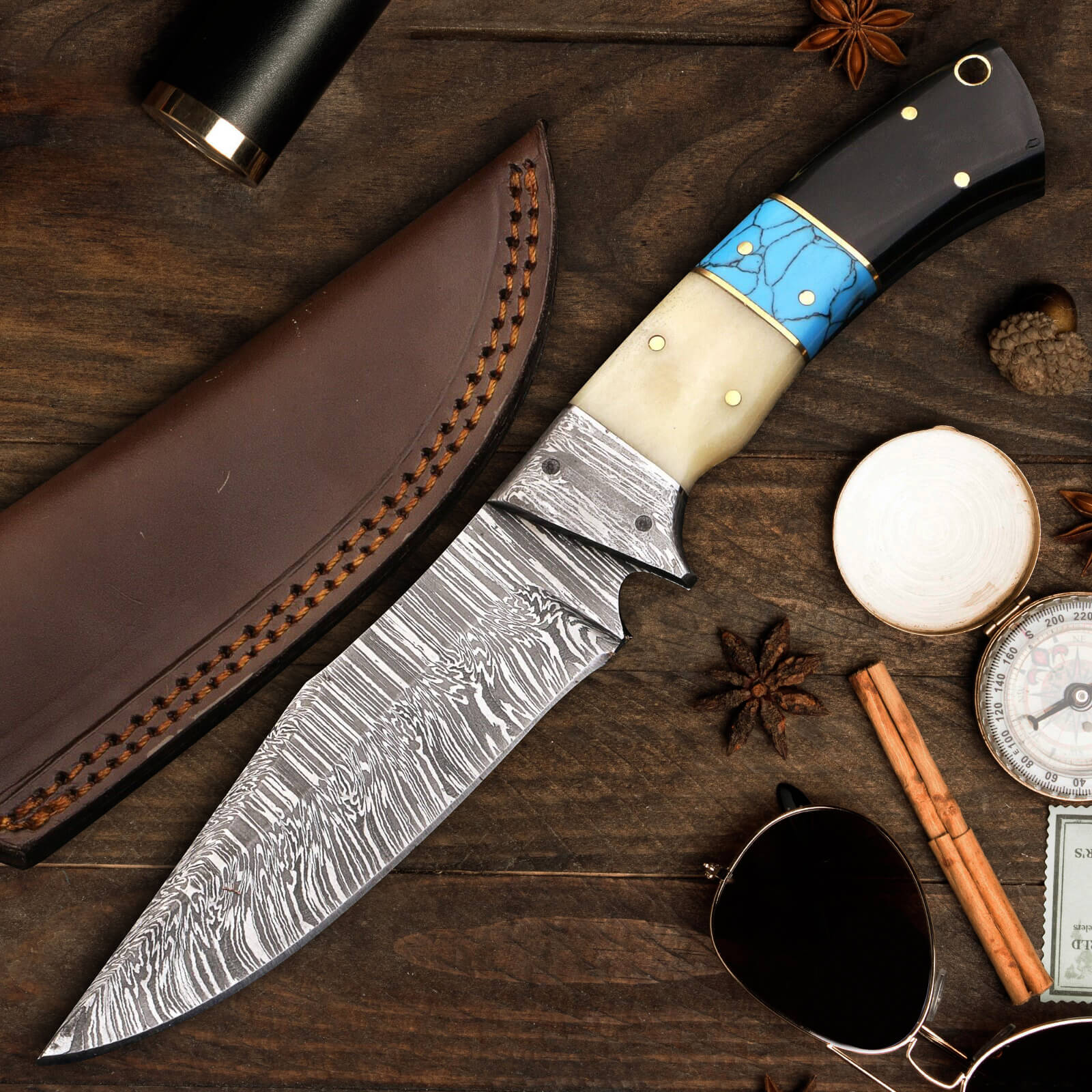 Custom Handmade Damascus Steel Full Tang Fixed Blade Camping Outdoor Utility Knife Leather Cover