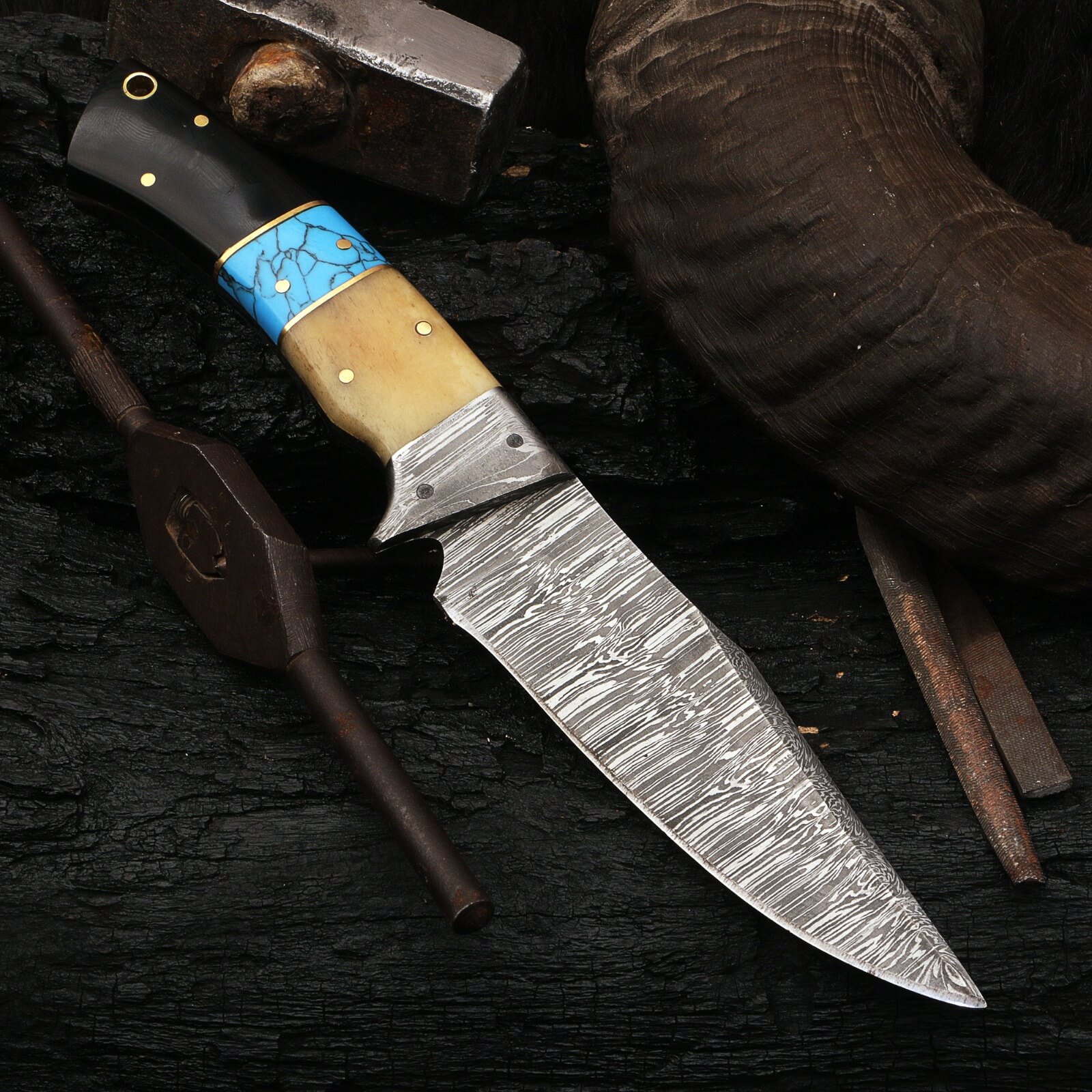 Custom Handmade Damascus Steel Full Tang Fixed Blade Camping Outdoor Utility Knife Leather Cover - Image 2