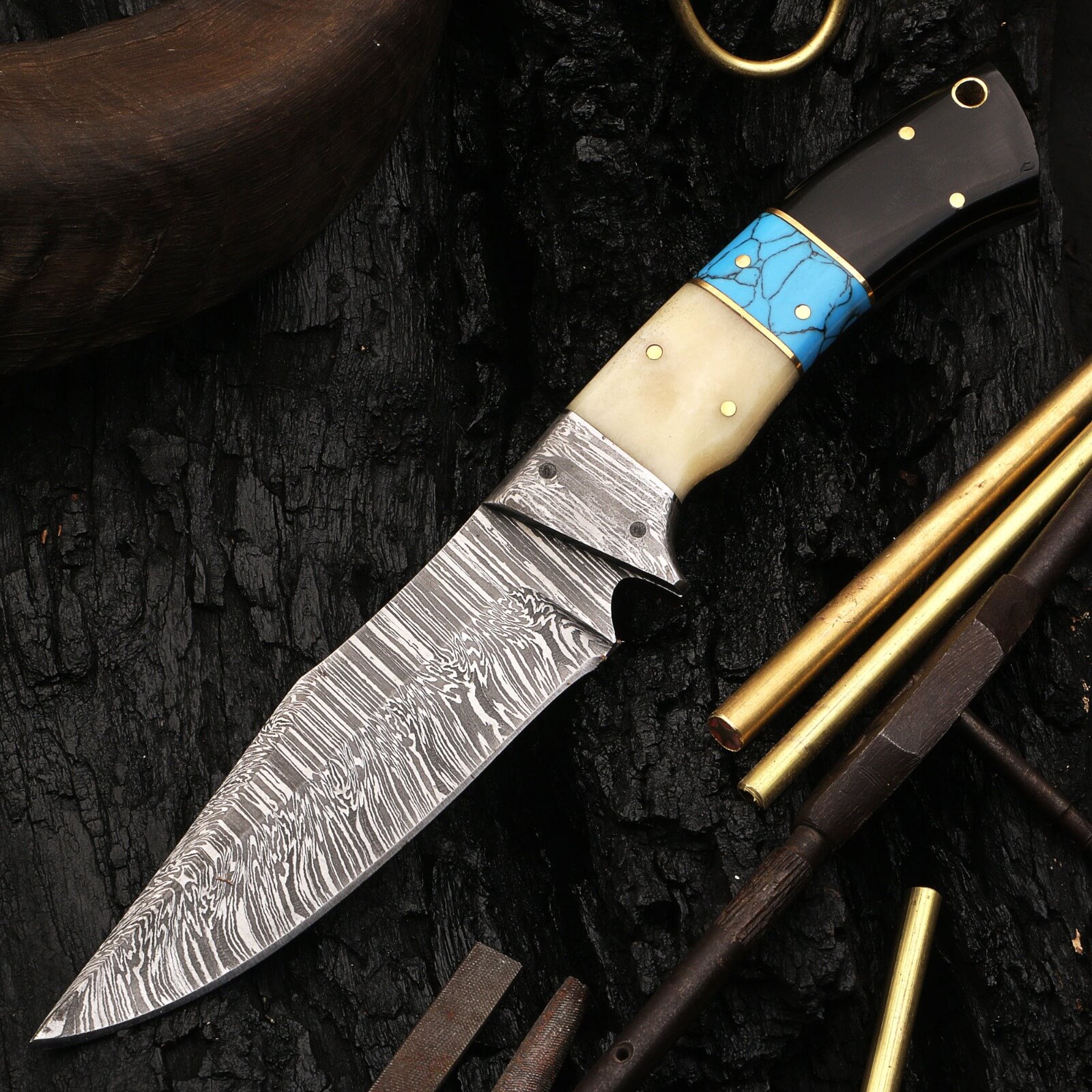 Custom Handmade Damascus Steel Full Tang Fixed Blade Camping Outdoor Utility Knife Leather Cover - Image 3